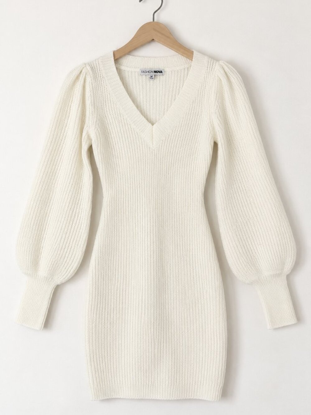 Fashion Nova Cream V-Neck Knit Sweater Dress Puff Sleeve – Women’s Size Medium
